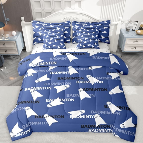 Feelyou Cartoon Badminton Athlete Twin Bedding Sets 7-Piece, Vintage Rugby Lover Bedding Comforter Set, Blue Cartoon Print Reversible Sheet Sets, Lightweight Room Decor