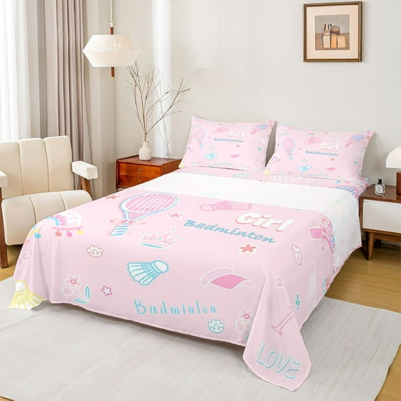 Feelyou Cartoon Badminton Kid Full Size Sheets, Pink Princess Bed Sheets, 4pcs