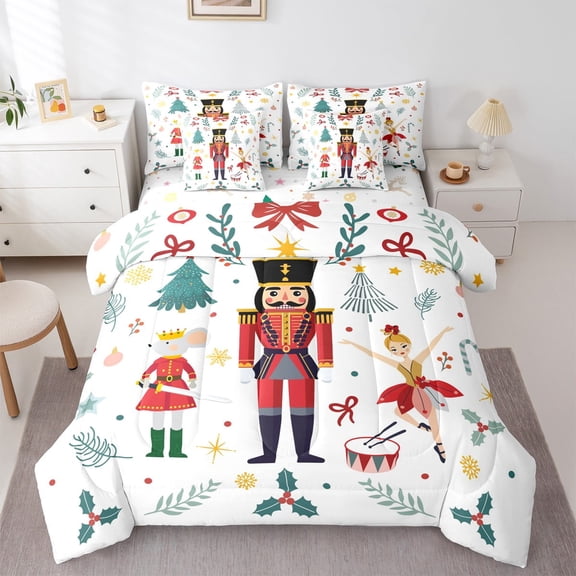 Feelyou Cartoon Ballet Princess Bedding Comforter Set 7 Pieces for Kid, Nutcracker Royal Guarder Full Bedding Set, Christmas Tree Reversible Fitted Sheet Flat Sheet, Breathable Home Decor