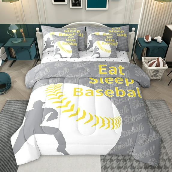 Feelyou Cartoon Baseball Athlete Bedding Comforter Set 7pcs for Boys, Grey Yellow Stripes King Bedding Sets, Ball Sports Theme Reversible Bed Sheets, Lightweight Room Decor