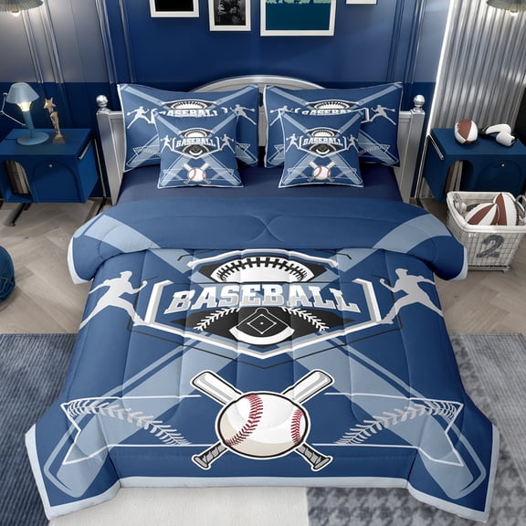 Feelyou Cartoon Baseball Athlete Bedding Comforter Set 7pcs for Kids, Blue Grey King Bedding Sets, Est Sleep Sports Reversible Bed Sheets, Microfiber Bedroom Decor