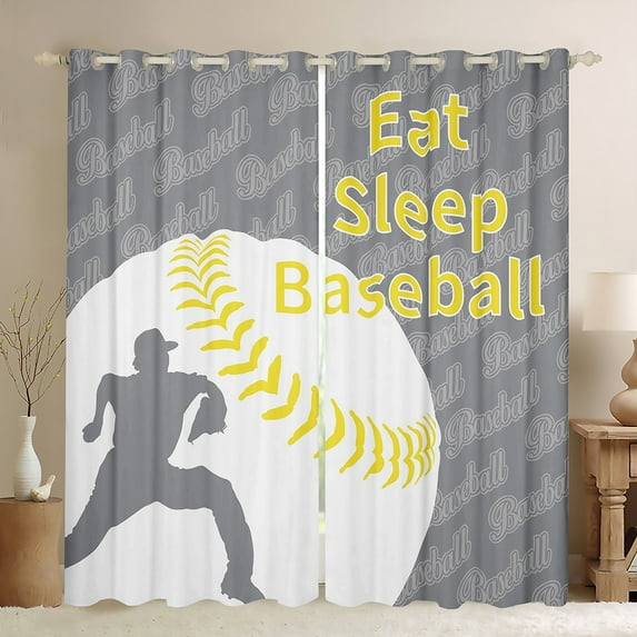 Feelyou Cartoon Baseball Athlete Curtains Pack of 2 (42x84 Each) for Boys, Grey Yellow Stripes Curtains Blackout, Ball Sports Theme Bedroom Curtains, Curtains and Drapes Decor