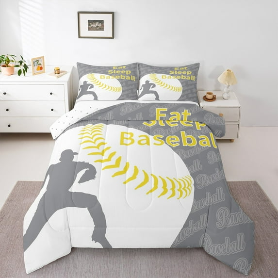 Feelyou Cartoon Baseball Athlete Full Size Comforter Sets for Boys, Grey Yellow Stripes Bedding Comforter Set, Ball Sports Theme Reversible Bedding Sets, Lightweight Room Decor, 3-Piece