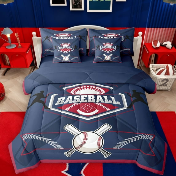 Feelyou Cartoon Baseball Athlete Twin Bedding Sets 7-Piece for Kids, Navy Red Bedding Comforter Set, Est Sleep Sports Reversible Sheet Sets, Lightweight Room Decor