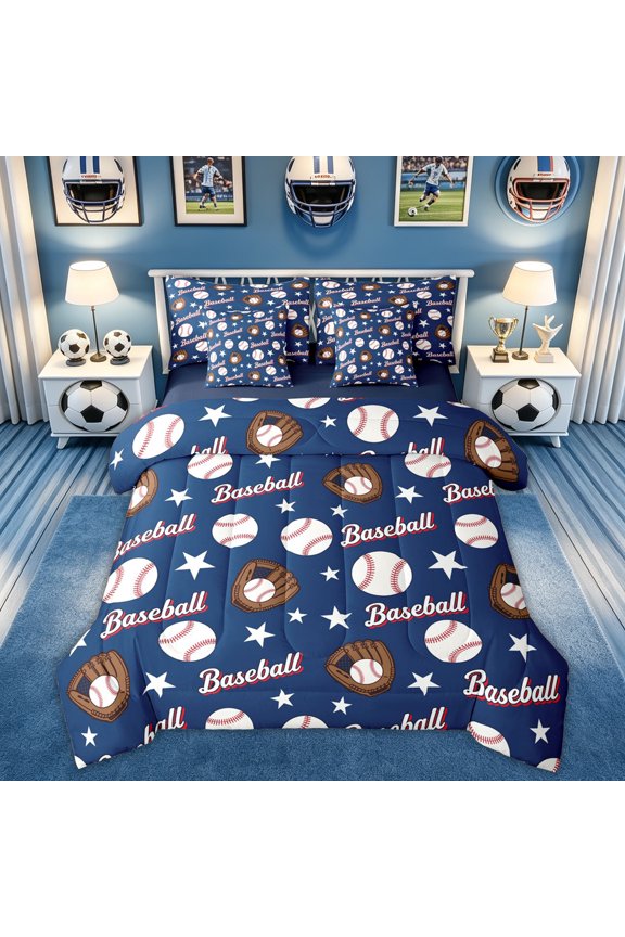 Cartoon Baseball Gloves Twin Bedding for Boys, Navy Stars Print Bedding Comforter Set, Blue Reversible, 7pcs