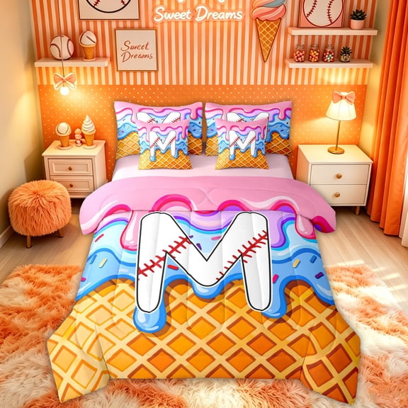 Feelyou Cartoon Baseball Letter M Twin Bedding for Kids, Drip Ice Cream Candy Bedding Comforter Set, Pink Reversible, 7pcs