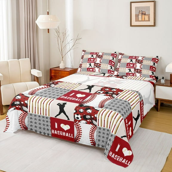 Feelyou Cartoon Baseball Print Bed Sheets, Sports Player King Sheets, Red Stripes Patchwork Sheet Set, Ultra Soft Bedroom Decor, 4pcs