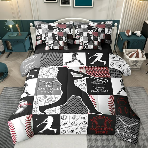 Feelyou Cartoon Baseball Print Bedding Comforter Set 7pcs, Eat Sleep Sports King Bedding Sets, Teens Kids Boys Girls Reversible Bed Sheets, Super Cozy Room Decor