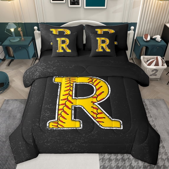 Feelyou Cartoon Baseball Print Bedding Comforter Set 7pcs, Monogrammed R King Bedding Sets, Black Gold Stripes Abstract Reversible Bed Sheets, Luxury Bedroom Decor