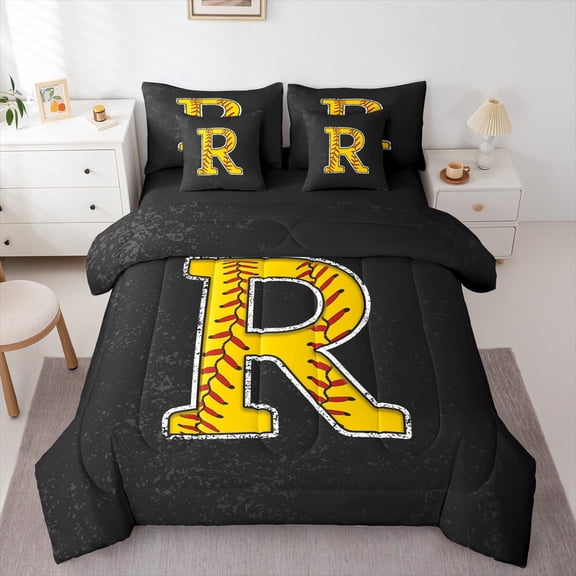Feelyou Cartoon Baseball Print Bedding Comforter Set 7pcs, Monogrammed R King Bedding Sets, Black Gold Stripes Abstract Reversible Bed Sheets, Luxury Bedroom Decor