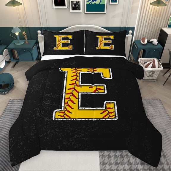 Feelyou Cartoon Baseball Print Bedding Comforter Set, Monogrammed E Twin Comforter Sets, Black Gold Stripes Abstract Reversible Bedding Set, Lightweight Room Decor, 2pcs