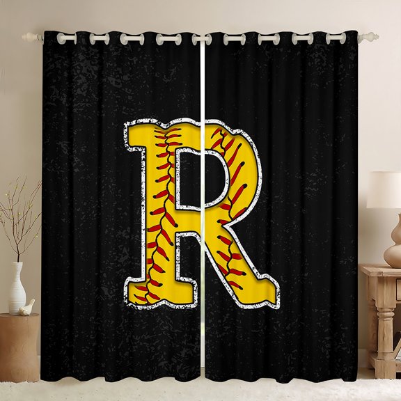Feelyou Cartoon Baseball Print Curtains Pack of 2 (42x84 Each), Monogrammed R Curtains Blackout, Black Gold Stripes Abstract Bedroom Curtains, Blackout Curtains Bedroom Decor