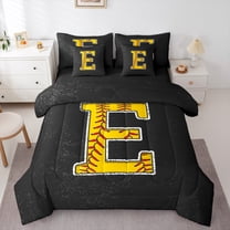 Feelyou Cartoon Baseball Print Twin Bedding Sets 7-Piece, Monogrammed E Bedding Comforter Set, Black Gold Stripes Abstract Reversible Sheet Sets, Lightweight Room Decor