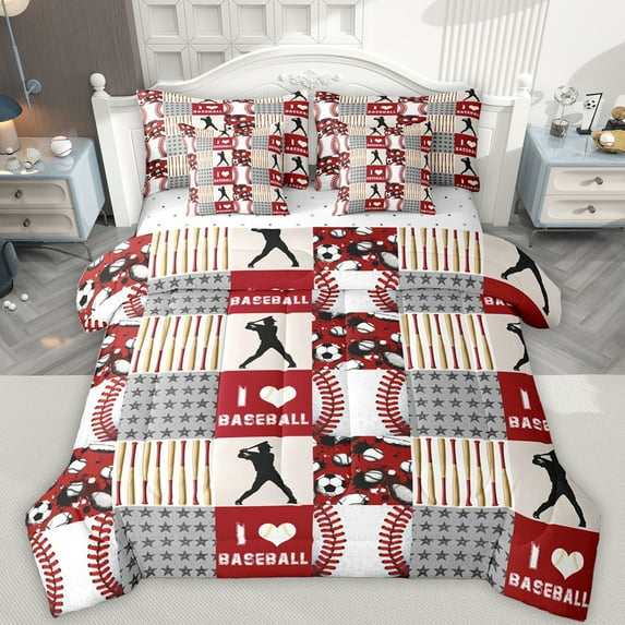 Feelyou Cartoon Baseball Print Twin Bedding Sets 7-Piece, Sports Player Bedding Comforter Set, Red Stripes Patchwork Reversible Sheet Sets, Ultra Soft Bedroom Decor