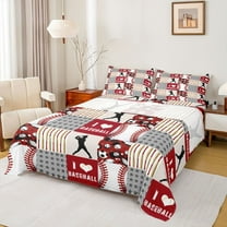 Feelyou Cartoon Baseball Print Twin Sheet Sets, Sports Player Twin Fitted Sheet, Red Stripes Patchwork Flat Sheet, Ultra Soft Bedroom Decor, 3pcs