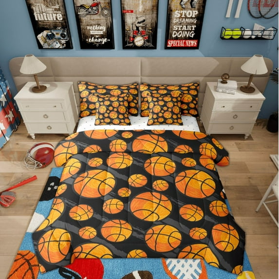 Feelyou Cartoon Basketball Boys Bedding Comforter Set 7pcs, Ball Sports Lover King Bedding Sets, Black Orange Bed Sheets, Breathable Home Decor
