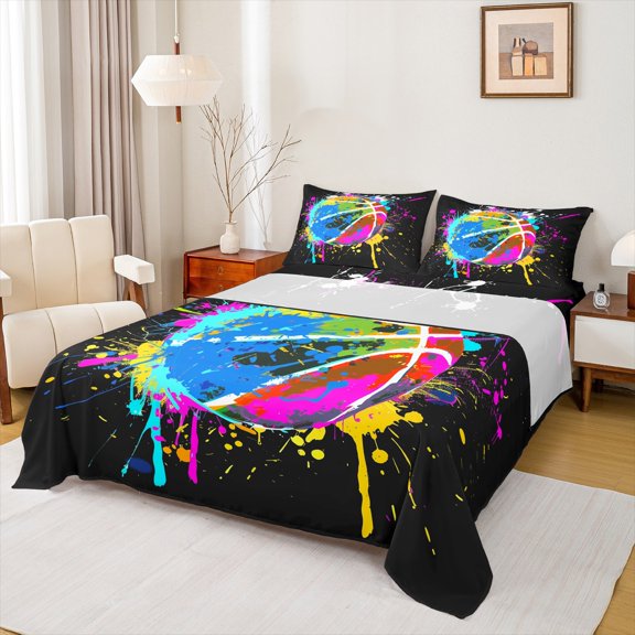 Feelyou Cartoon Basketball Boys Full Size Sheets, Art Graffiti Splash Bed Sheets, Video Ball Game Sheet Sets, Lightweight Room Decor, 4 Pieces