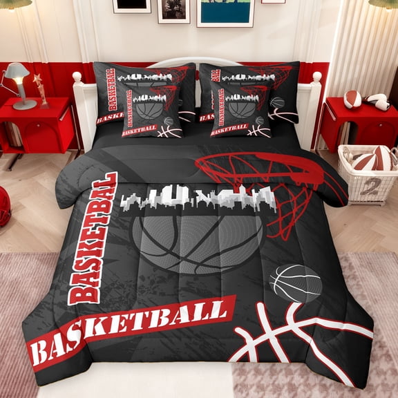 Feelyou Cartoon Basketball Print Bedding Comforter Set 7pcs, Black Stripes Abstract King Bedding Sets, Ball Sport Game Reversible Bed Sheets, Lightweight Room Decor