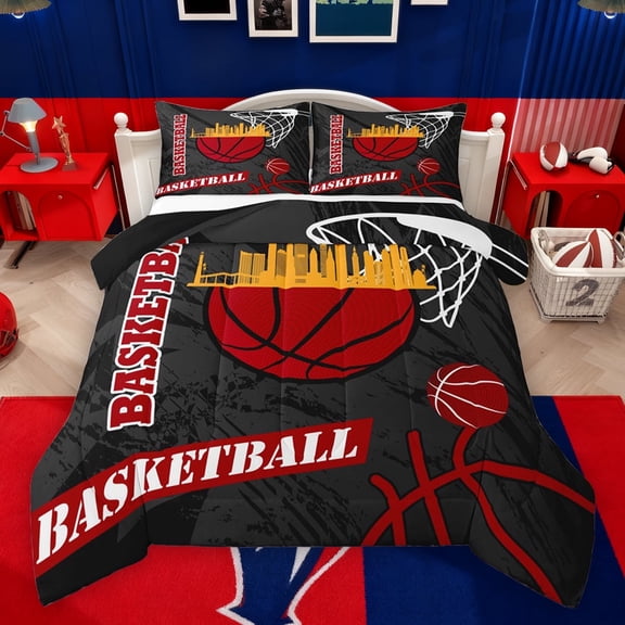 Feelyou Cartoon Basketball Print Bedding Comforter Set, Black Red Graffiti Twin Comforter Sets, Ball Sport Game Reversible Bedding Set, Breathable Home Decor, 2pcs