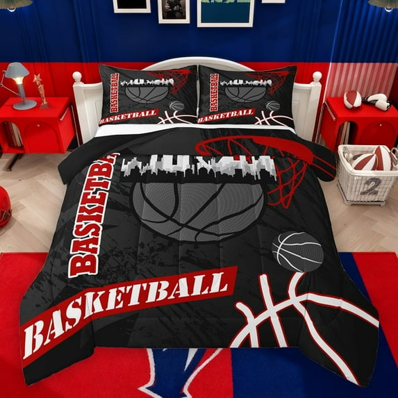 Feelyou Cartoon Basketball Print Bedding Comforter Set, Black Stripes Abstract Twin Comforter Sets, Ball Sport Game Reversible Bedding Set, Lightweight Room Decor, 2pcs