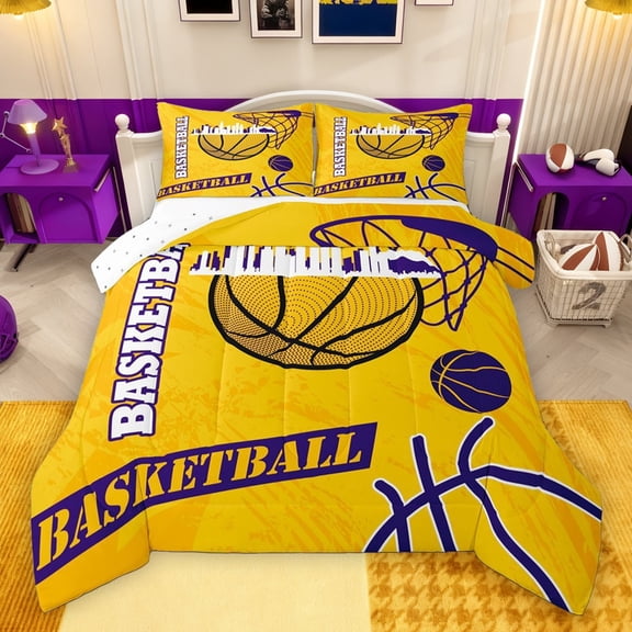 Feelyou Cartoon Basketball Print Bedding Comforter Set, Chic Gold Graffiti Twin Comforter Sets, Ball Sport Game Reversible Bedding Set, Lightweight Room Decor, 2pcs