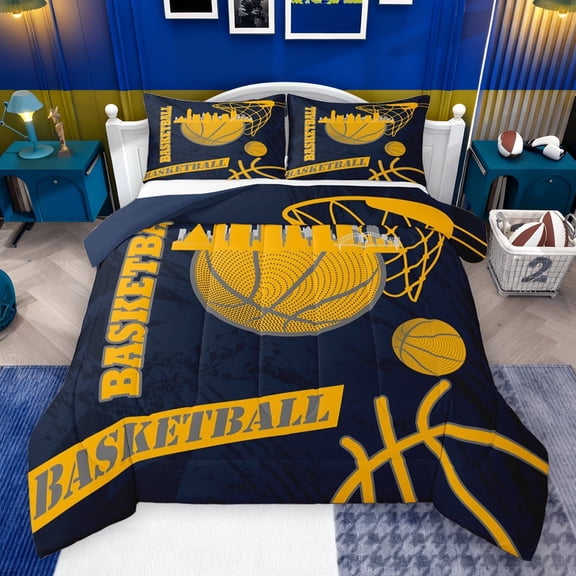 Feelyou Cartoon Basketball Print Bedding Comforter Set, Navy Gold Stripes Twin Comforter Sets, Modern City Print Reversible Bedding Set, Breathable Home Decor, 2pcs