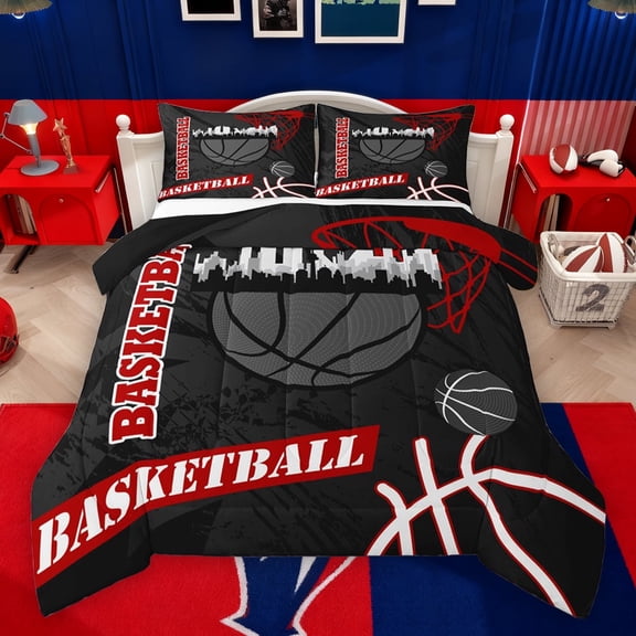 Feelyou Cartoon Basketball Print Queen Comforter Set, Black Stripes Abstract Bedding Sets, Ball Sport Game Reversible Bedding Comforter Set, Lightweight Room Decor, 3pcs