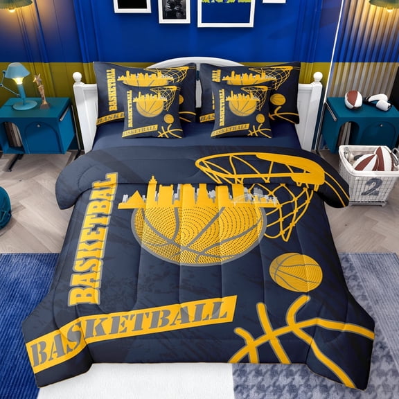 Feelyou Cartoon Basketball Print Twin Bedding Sets 7-Piece, Navy Gold Stripes Bedding Comforter Set, Modern City Print Reversible Sheet Sets, Breathable Home Decor