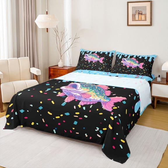 Feelyou Cartoon Bass Fish Full Size Sheets for Boys Girls Kids, Candy Wildlife Ice Cream Drip Bed Sheets, Black Pink, 4-Piece