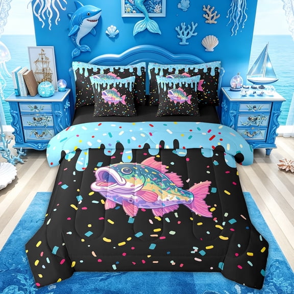 Feelyou Cartoon Bass Fish Twin Bedding Sets for Boys Girls Kids, Candy Wildlife Ice Cream Drip Bedding Comforter Set, Black Pink, Black Reversible, 7-Piece