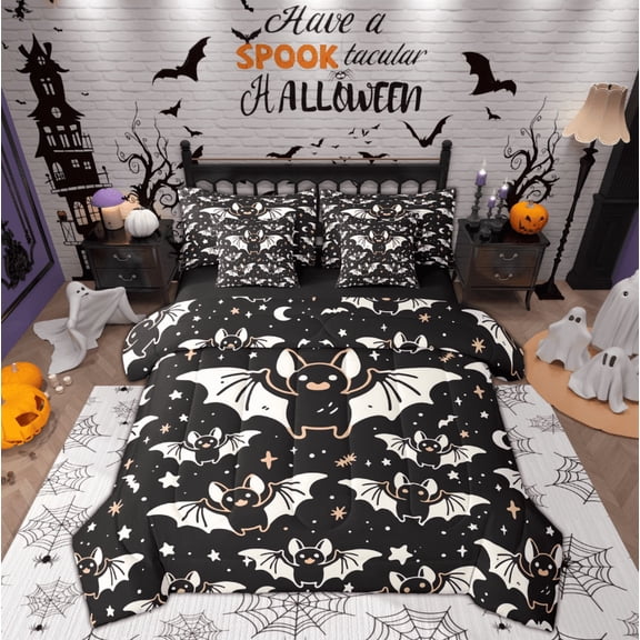 Feelyou Cartoon Bat Print Bedding Comforter Set 7pcs, Happy Halloween Queen Bedding Sets, Kawaii Stars Reversible Queen Sheet Sets, Microfiber Bedroom Decor