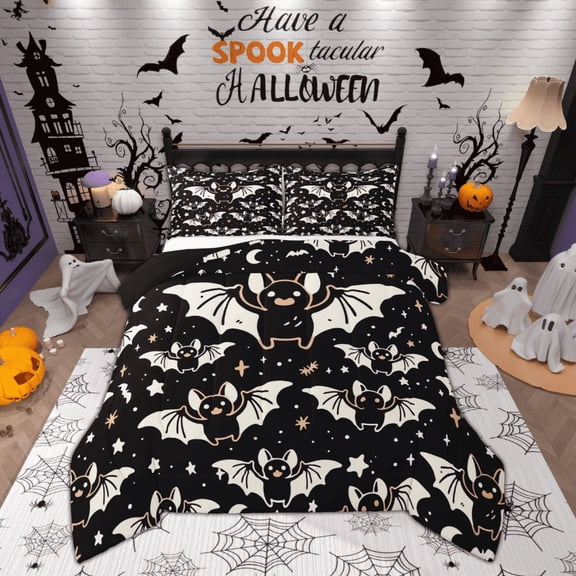 Feelyou Cartoon Bat Print Queen Comforter Set, Happy Halloween Bedding Sets, Kawaii Stars Reversible Bedding Comforter Set, Microfiber Bedroom Decor,3 Pieces