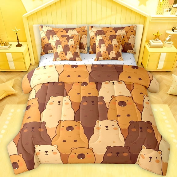 Feelyou Cartoon Bear Family Bedding Comforter Set 7pcs, Kawaii Anime Animal King Bedding Sets, Teens Kids Boys Girls Reversible Bed Sheets, Breathable Home Decor