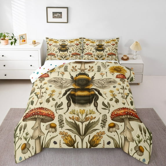 Feelyou Cartoon Bee Animal Bedding Comforter Set, Mushroom Leaf Plant Twin Comforter Sets, Vintage Western Countryside Reversible Bedding Set, Breathable Home Decor, 2-Piece