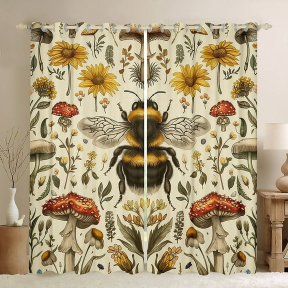 Feelyou Cartoon Bee Animal Black Out Curtains, Mushroom Leaf Plant Curtains Pack of 2 (42x63 Each), Vintage Western Countryside Bedroom Curtains, Blackout Curtains Home Decor