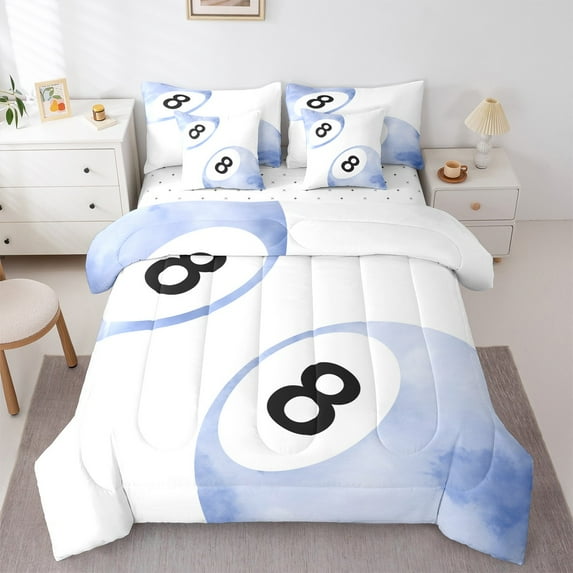 Feelyou Cartoon Billiards Print Bedding Comforter Set 7pcs, Watercolor Blue Ball Queen Bedding Sets, Teens Boys Girls Kids Reversible Queen Sheet Sets, Super Cozy Room Decor
