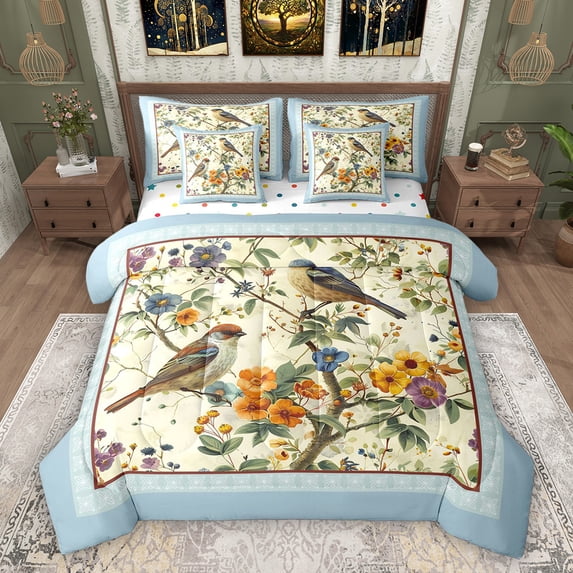Feelyou Cartoon Bird Floral Twin Bedding Sets 7pcs, Vintage Fashion Bedding Comforter Set