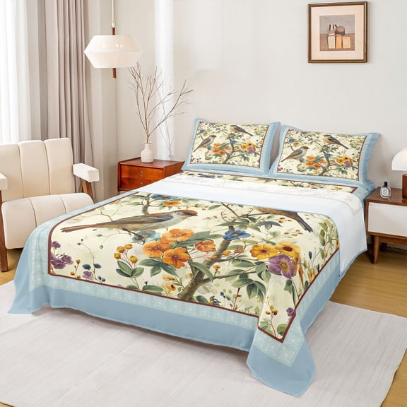 Feelyou Cartoon Bird Floral Twin Sheet Sets, Vintage Fashion Bedding, 3pcs