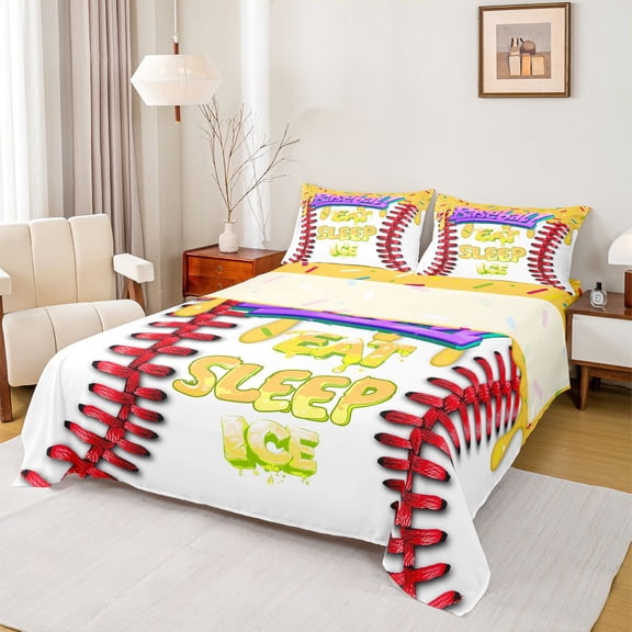 Feelyou Cartoon Birthday Party Twin Sheet Sets, Baseball Ice Hockey Twin Fitted Sheet, Ball Sports Theme Flat Sheet, Breathable Home Decor, 3-Piece