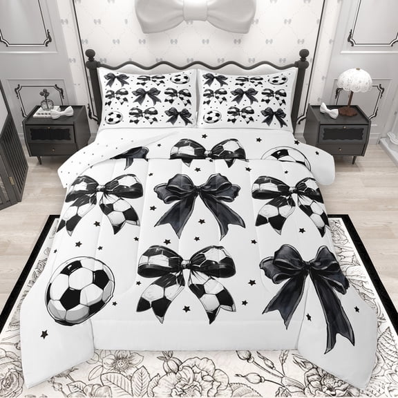 Feelyou Cartoon Black Bowknot Bedding Comforter Set for Kid, Football Soccer Print Twin Comforter Sets, Fashion Ribbon Reversible Bedding Set, Ultra Soft Bedroom Decor, 2 Pieces