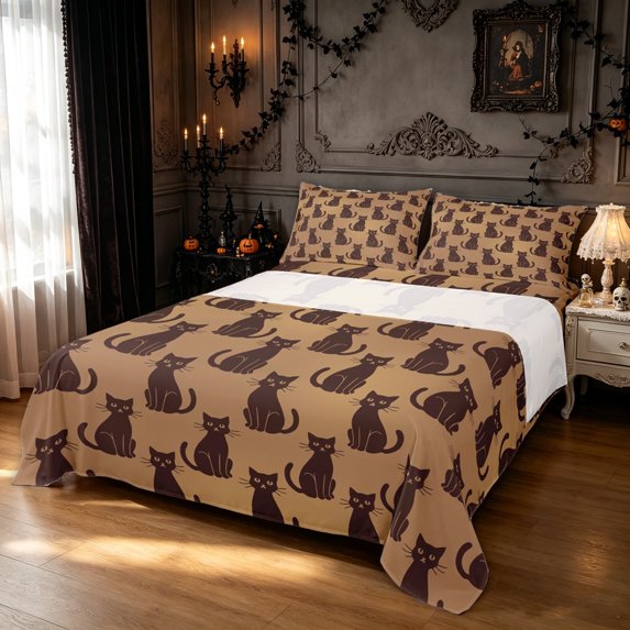 Feelyou Cartoon Black Cat Queen Sheets, Happy Halloween Animal Print Queen Sheet Sets, Coffee Brown, 4 Pieces, 1 Flat Sheet, 1 Fitted Sheet and 2 Pillowcases