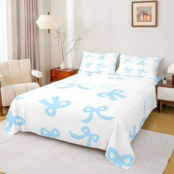 Feelyou Cartoon Blue Bow Kid Twin Sheet Sets, Dreamy Princess Bowknot Bedding, 3pcs