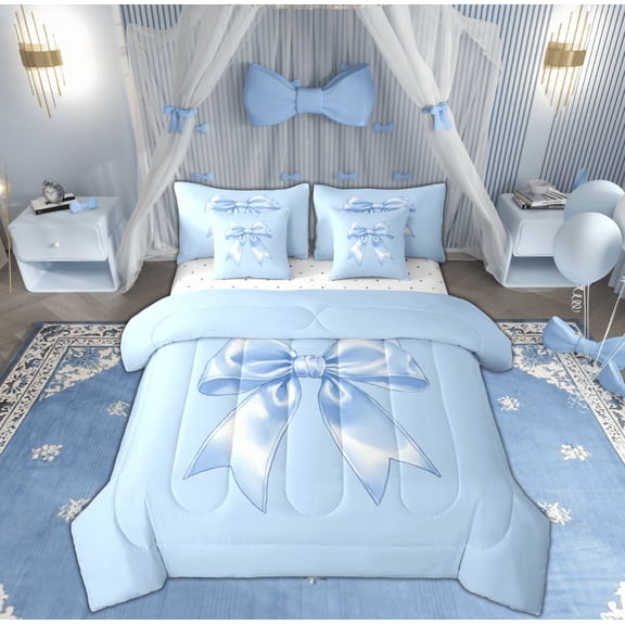 Feelyou Cartoon Blue Bowknot Bedding Comforter Set 7-Piece for Kids, Princess Fairy Tale King Bedding Sets, Kawaii Ribbon Reversible Bed Sheets, Microfiber Bedroom Decor