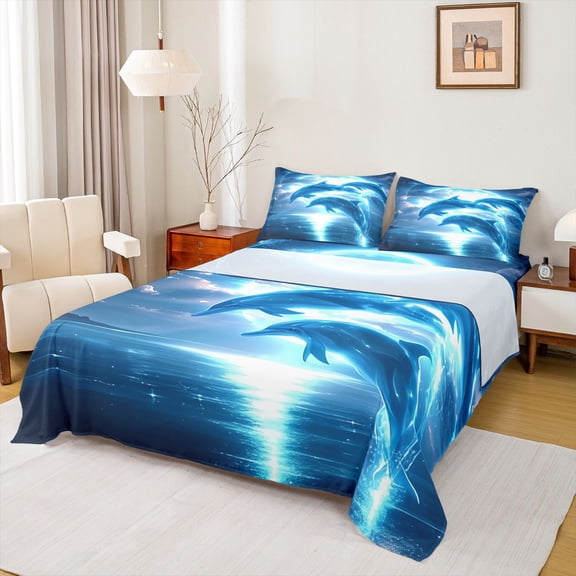 Feelyou Cartoon Blue Dolphin Bed Sheets, Dreamy Ocean Animal King Sheets, Mystic Marine Moon Sheet Set, Ultra Soft Bedroom Decor, 4pcs