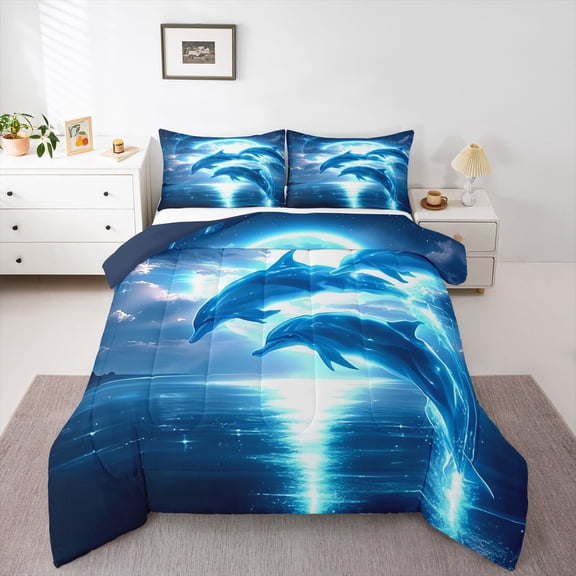Feelyou Cartoon Blue Dolphin Bedding Comforter Set, Dreamy Ocean Animal Twin Comforter Sets, Mystic Marine Moon Reversible Bedding Set, Ultra Soft Bedroom Decor, 2pcs
