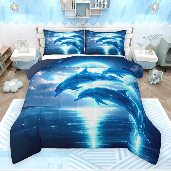 Feelyou Cartoon Blue Dolphin Queen Comforter Set, Dreamy Ocean Animal Bedding Sets, Mystic Marine Moon Reversible Bedding Comforter Set, Ultra Soft Bedroom Decor, 3pcs