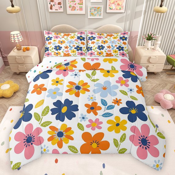 Feelyou Cartoon Blue Flower Bedding Comforter Set for Teen, Rustic Leaf Botanical Twin Comforter Sets, Kawaii Floral Theme Reversible Bedding Set, Microfiber Bedroom Decor, 2pcs