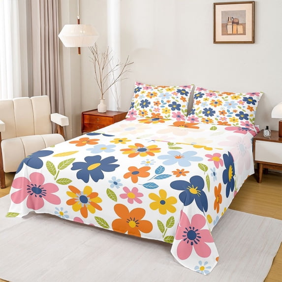 Feelyou Cartoon Blue Flower Full Size Sheets for Teen, Rustic Leaf Botanical Bed Sheets, Kawaii Floral Theme Sheet Sets, Microfiber Bedroom Decor, 4pcs