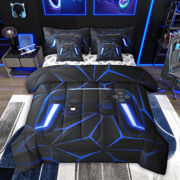Feelyou Cartoon Blue Gamepad Twin Bedding Sets 7-Piece, Futuristic Stripes Abstract Ombre Bedding Comforter Set, Teens Kids Boys Girls Reversible Sheet Sets, Ultra Soft Bedroom Decor