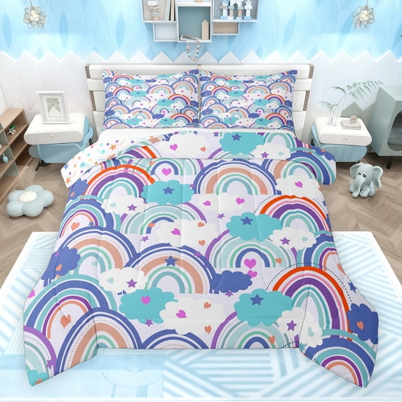 Feelyou Cartoon Blue Rainbow Full Size Comforter Sets for Kids, Dreamy Starry Sky Cloud Bedding Comforter Set, Cute Love Heart Reversible Bedding Sets, Breathable Home Decor, 3 Pieces